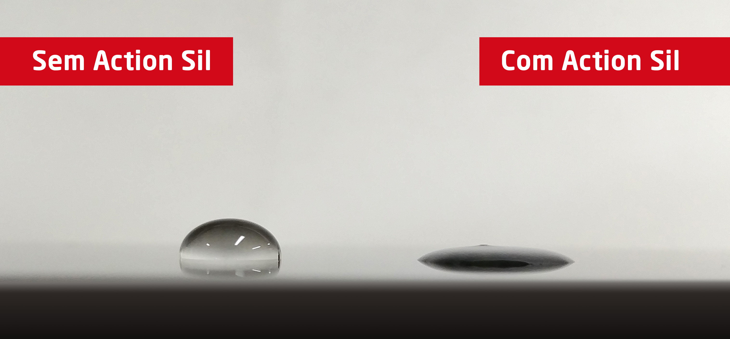 Aplicação de Action Sil em gota d'agua em superfície de vidro